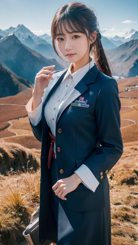 Super detailed, High resolution, Super detaileded, highest quality, wonderful, highest quality,Integrated 8K wallpaper, cinematic lighting, stewardess、20-year-old、Japanese、in mountain