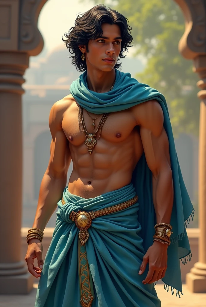 A boy,fair skinned,well built physique, west bengalian,sky blue dhoti and scarf, well defined face, long curly hair,a 2 landlord, 1203 AD.