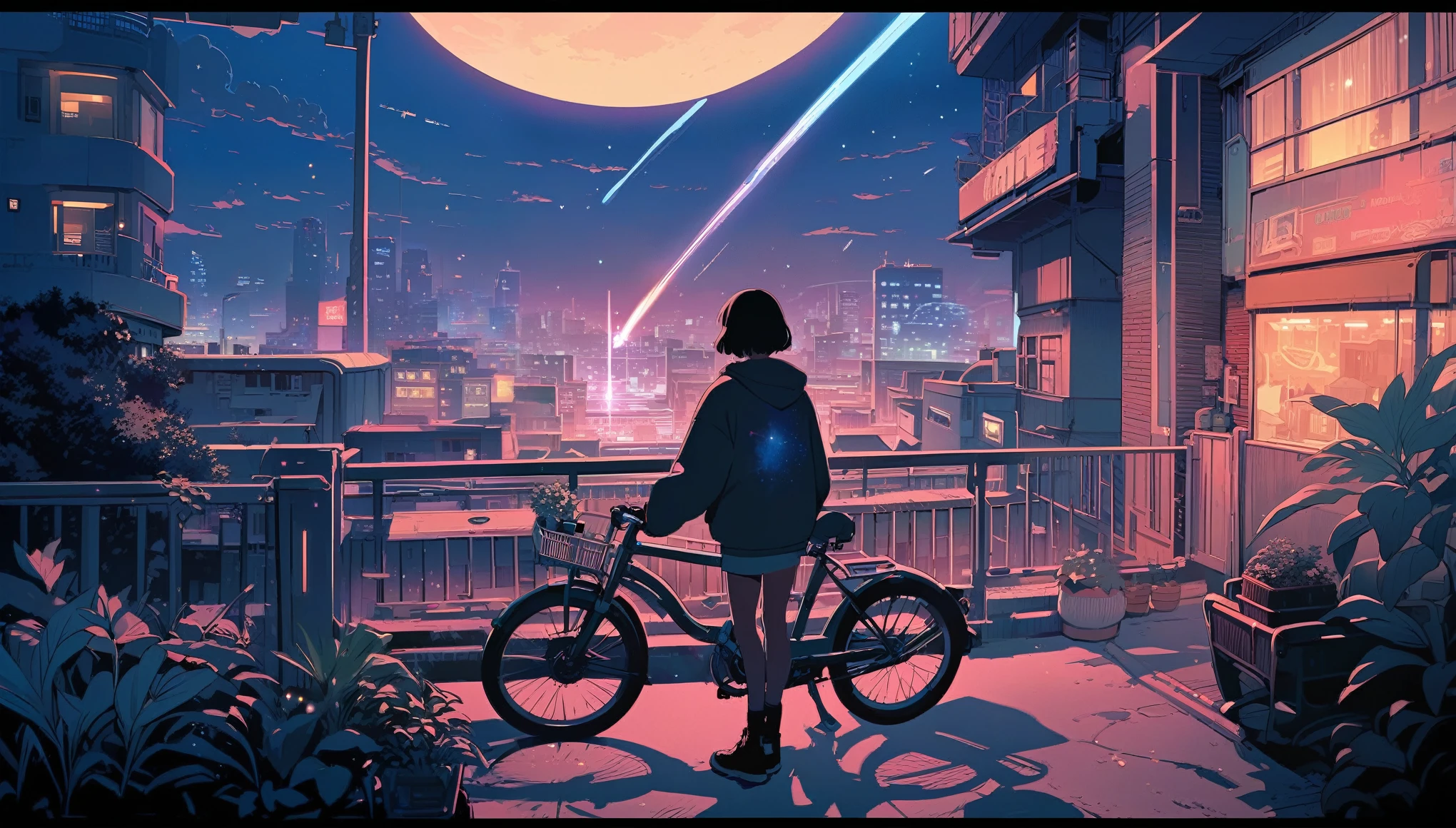 (extremely detailed CG unity 8k wallpaper), (best quality), (best illustration), (best shadow), realistic lighting, beautiful detailed reglow, masterpiece, best quality, lofi artstyle, lofi art, 80s anime style, Retro, Lo-Fi, 1boy, bicycle, black hair, building, city, city lights, cityscape, cloud, cloudy sky, facing away, from behind, ground vehicle, hood, hoodie, male focus, night, night sky, outdoors, plant, railing, scenery, shooting star, short hair, sky, skyline, solo, standing, star \(sky\), starry sky