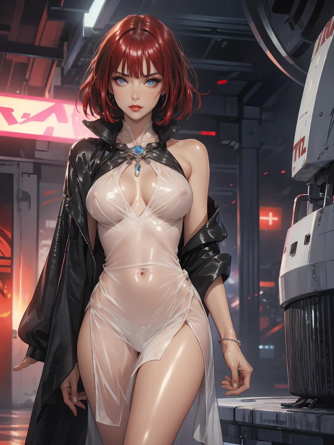 1girl,a beautiful fashion model ,(masterpiece, detailed background, best quality),short and shiny hair, red hair, hair with highlights, bangs, smirk,juicy lips,red lips, calmart, lingerie, stripping, elegant makeup, blue eyes, full body shot, (shiny skin), cyberpunk, sci fi, boa, extravagant jewelry, cocky expression, covered in jewelry, fancy, see through white dress, shiny skin, wet skin. from behind, over shoulder