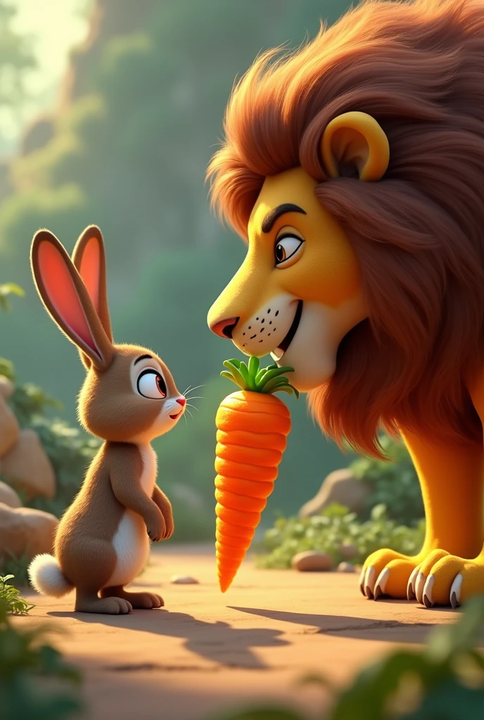 In 3D cinematic cartoons animation'The brave rabbit approaches the lion, offering a large, bright orange carrot. The lion, initially looking fierce, softens and accepts the carrot with curiosity