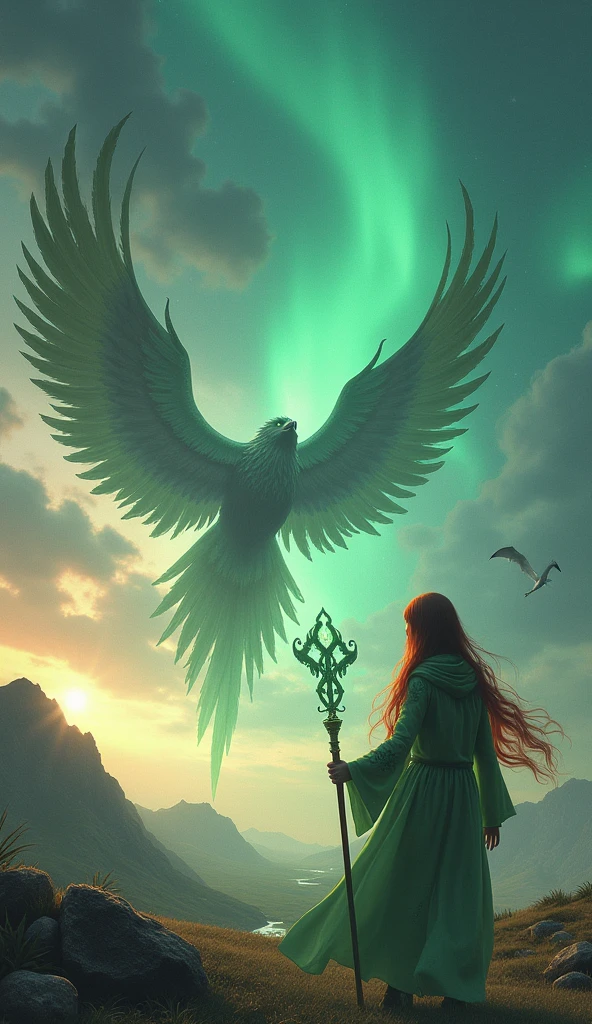 In a vast, mystical landscape where the sky shimmers with the colors of the evening aurora, the graceful summoner Seraphina stands with unwavering resolve. Her long, flowing red hair cascades from beneath a green hood, and her piercing green eyes gleam with determination. Her elegant robe, crafted from pale green cloth adorned with magical symbols on the sleeves, flutters gently in the breeze. In her hand, a staff faintly glows with mystical energy. As Seraphina raises her staff, the atmosphere around her shifts, the air thickening with tension as dark clouds gather above.

Suddenly, Garuda, a towering and formidable figure, descends from the stormy skies. This immense, bird-like woman commands attention with her massive wings that span across the sky, each feather razor-sharp and glinting with the power of the winds. Her fierce, avian eyes pierce through the gloom, and her talons, as sharp as any blade, grip the air with an otherworldly strength. Garuda, the harbinger of the wind, begins to conjure a colossal cyclone that swirls with destructive force, her wings beating with an intensity that stirs the very heavens. As the cyclone spirals downward, Garuda readies Aerial Blast, a devastating wind attack that tears through everything in its path, obliterating all who dare stand against the combined might of Seraphina and her mighty summon.