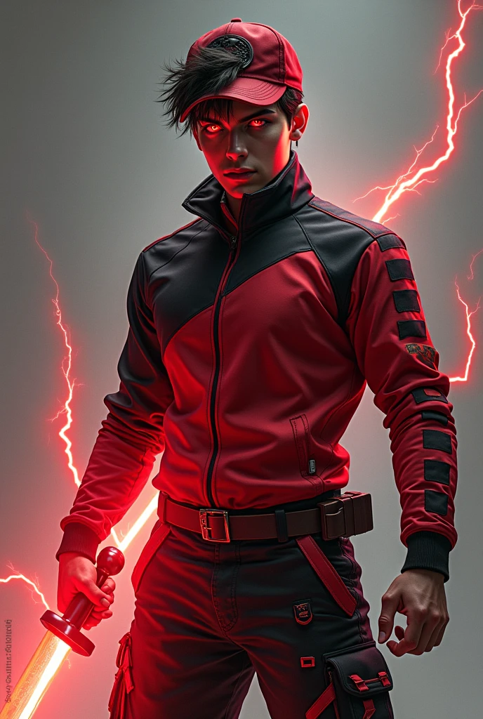 Realistic. Averange age 15 year old , masterpiece . Real human. ((Glowing Red eye))A man wear ((red black)) cap. Thunder logo . ((Red black, white stripe )) High tech modern design shirt)). ((Black red )) Thunder design kargo pant)).holding thunder blade glowing red. Bad smile. Red glowing thunder. Glowing red thunder from hand.