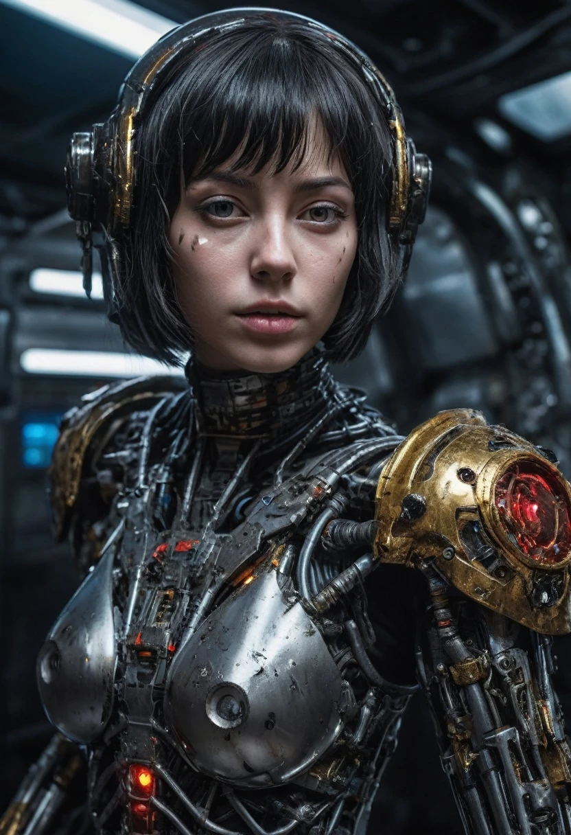 Natural oil painting, high perspective, close-up, photo of a cyber girl in steel armor in space ship, dynamic action heroic pose, visible mechanical steel organs, visible bones, red neon blood vessels, black Bob haircut, detailed fingers, wind, detailed face, detailed eyes and iris, liquid electric, huge liquid gold+black oil and droplets, cyberpunk techno style, psychedelic, dark noir style, masterpiece, studio lighting, soft shadows, hyper detailed, best quality, hyper detailed, hyper reallistic, (ultra realistic:2.0), fulcolor scheme, cinematic, sharp focus, shallow depth of field detailed background, HDR, ISO 100, 16k,
