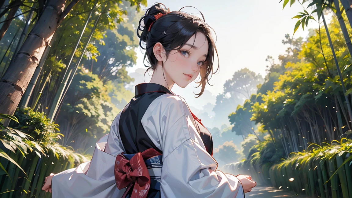 Bamboo Forest, ((masterpiece, highest quality, Highest image quality, High resolution, photorealistic, Raw photo, 8K, Extremely detailed CG unified 8k wallpaper)), A straight road between bamboo groves, lanterns illuminating the ground, a full moon at midnight, and the back view of a woman wearing a Japanese kimono standing in the middle of the road, a bamboo grove at night, ((headphones)), ((ukiyo-e style)), ((smile)), ((1 girl)),