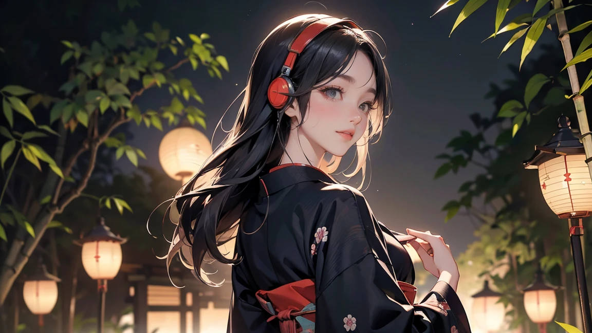 Bamboo Forest, ((masterpiece, highest quality, Highest image quality, High resolution, photorealistic, Raw photo, 8K, Extremely detailed CG unified 8k wallpaper)), A straight road between bamboo groves, lanterns illuminating the ground, a full moon at midnight, and the back view of a woman wearing a Japanese kimono standing in the middle of the road, a bamboo grove at night, ((headphones)), ((ukiyo-e style)), ((smile)), ((1 girl)),