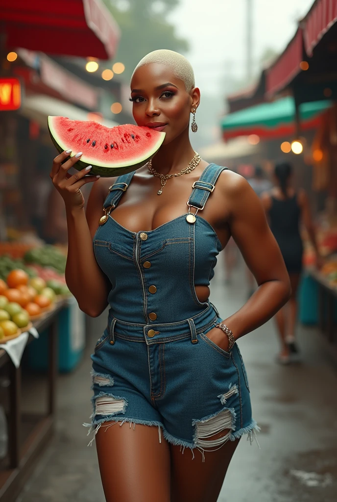 Tyra banx shaved head (very big size breasts 1.8) very small waist, very wide hips, sexy and tight denim overals with cut off pants legs eathin wotermelon in the street market