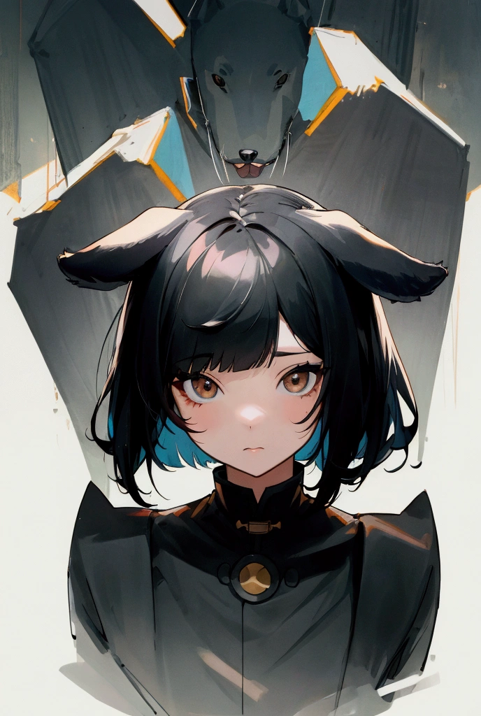 One person, Gaze, Bob Hair、Black Hair、Dog ears、bangs,