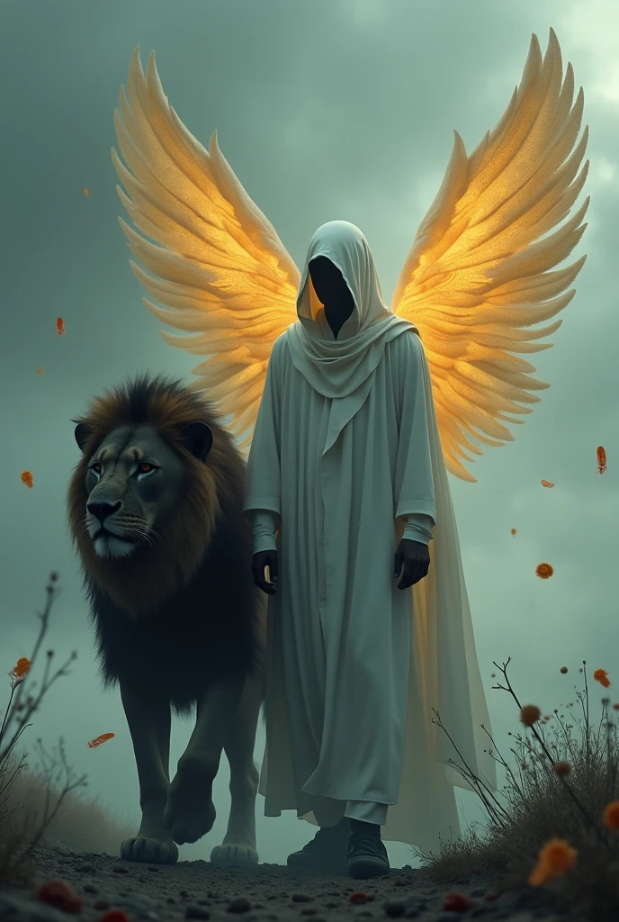 Cinematic, photorealistic, extremely detailed, best texture quality, depicts a mysterious cloaked figure, with several divine large gigantic glowing golden wings, void of a distinguishable face, shrouded in a flowing white fabric that drapes over him, and the majestic gigantic black lion, walking side by side, and they walking under a cloudy, ominous sky in a somber, cold palette, suggesting an atmosphere of foreboding and silent strength, particles flying, feathers falling around them, very dark atmosphere, low key, volumetric lighting, shallow depth of field,