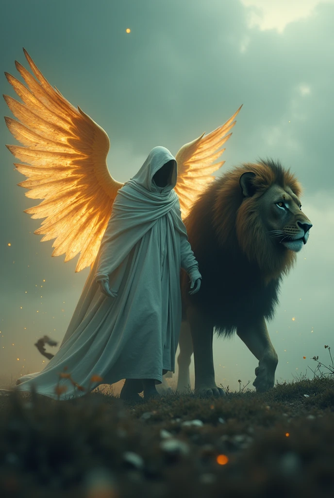 Cinematic, photorealistic, extremely detailed, best texture quality, depicts a mysterious cloaked figure, with several divine large gigantic glowing golden wings, void of a distinguishable face, shrouded in a flowing white fabric that drapes over him, and the majestic gigantic black lion, walking side by side, and they walking under a cloudy, ominous sky in a somber, cold palette, suggesting an atmosphere of foreboding and silent strength, particles flying, feathers falling around them, very dark atmosphere, low key, volumetric lighting, shallow depth of field,
