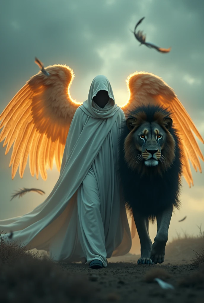 Cinematic, photorealistic, extremely detailed, best texture quality, depicts a mysterious cloaked figure, with several divine large gigantic glowing golden wings, void of a distinguishable face, shrouded in a flowing white fabric that drapes over him, and the majestic gigantic black lion, walking side by side, and they walking under a cloudy, ominous sky in a somber, cold palette, suggesting an atmosphere of foreboding and silent strength, particles flying, feathers falling around them, very dark atmosphere, low key, volumetric lighting, shallow depth of field,