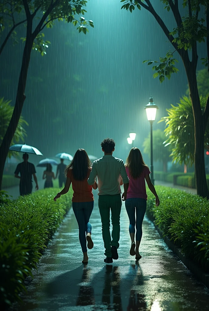 A man and his two female friends are walking through a garden at night, getting drenched in the rain. The three are running very fast as the rain is pouring very heavily. Men wearing green trousers and white shirt and black shoes and women wearing top and jeans.
Some people are carrying umbrella and some people are drenched. No one girls wearing short dress.