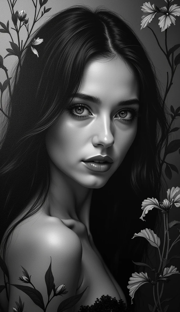 High-quality realistic acrylic art, vivid colors, (best quality, 4K, 8K, high-resolution, masterpiece), ultra-detailed, photorealistic,a black and white painting of a woman in a garden, beautiful detailed eyes, beautiful detailed lips, extremely detailed eyes and face, long eyelashes, portrait, photorealistic, high contrast, dramatic lighting, cinematic composition, intricate details, chiaroscuro, moody atmosphere, striking shadows, emotive expression.