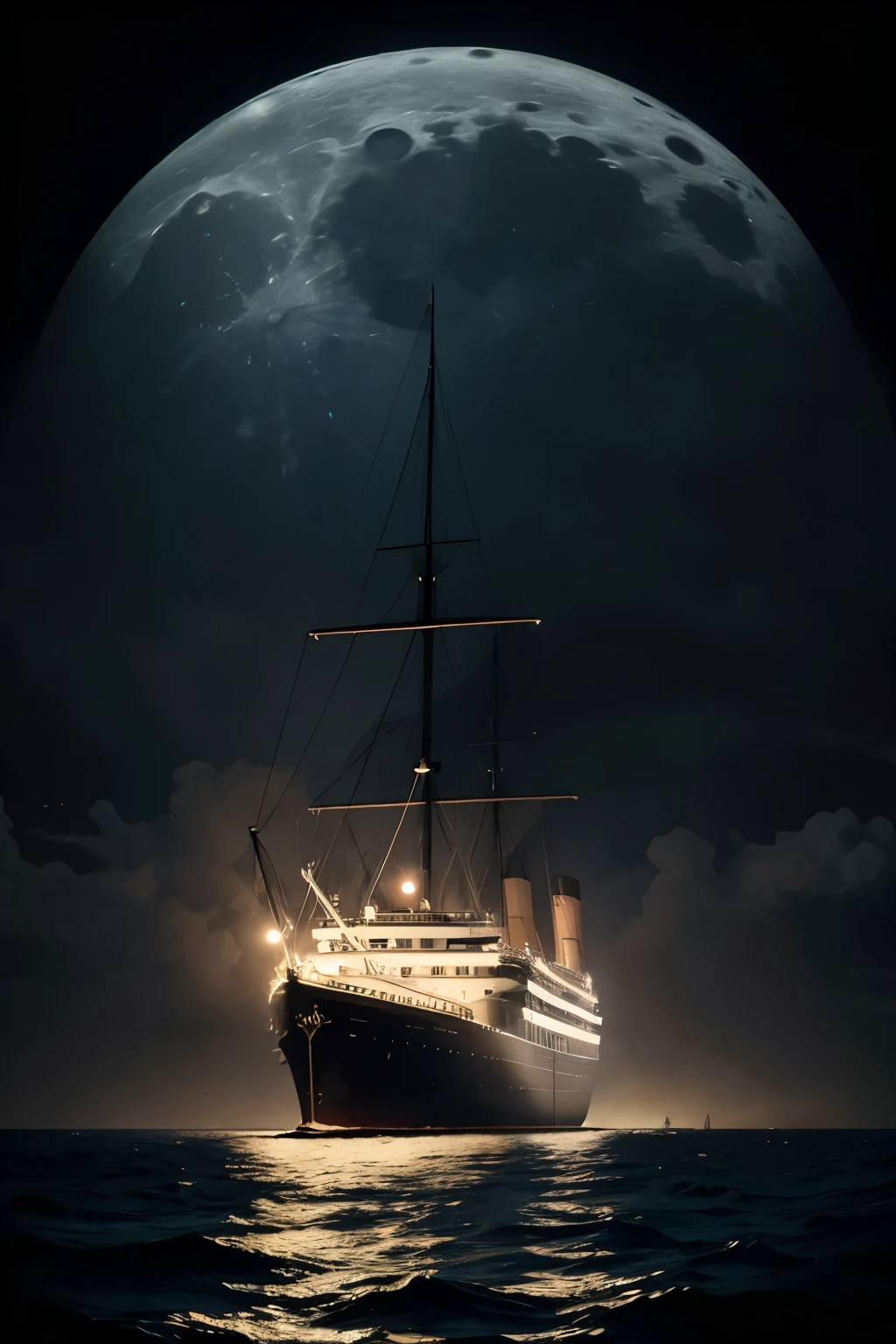 A cinematic view of the Titanic at sea, depicted in a dark, moonlit night. The ship is illuminated by soft, dim lights from its windows, casting a gentle glow on the calm, dark ocean waters. The scene has a mysterious and dramatic atmosphere, with the ship's massive structure towering over the dark, reflective water. Clouds partly obscure the moon, adding to the eerie and suspenseful mood of the image."