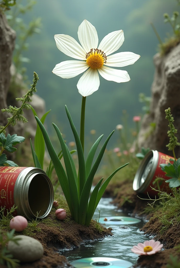 2D art picture: White Onion plant flower with 6 petals, using cans as leaves, while the leaves are made from tires in the form of strings, with a broken CD disc forming a small river.