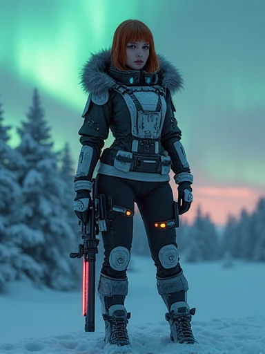 from above, cowboy shot, of one ultra hot gorgeous european woman, age 23, light auburn hair, she's a playmate, a men magazine model, in a winter ARMOR, holding weapons, as a futuristic cyberpunk warrior in a dystopian world. Juxtapose the beauty with a harsh, survivalist snowy winter night environment with northern lights. Perfect anatomy, Perfect eyes, perfect hands, perfect body, perfect hair, perfect breast, accurate, UHD, retina, masterpiece, anatomically correct, textured skin, super detail, high details, high quality, award winning, best quality, highres, 16k, 8k