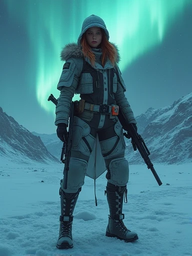 from above, cowboy shot, of  one ultra hot gorgeous european woman, age 23, light auburn hair, she's a playmate, a men magazine model, in a winter ARMOR, holding weapons, as a futuristic cyberpunk warrior in a dystopian world. Juxtapose the beauty with a harsh, survivalist snowy winter night environment with northern lights. Perfect anatomy, Perfect eyes, perfect hands, perfect body, perfect hair, perfect breast, accurate, UHD, retina, masterpiece, anatomically correct, textured skin, super detail, high details, high quality, award winning, best quality, highres, 16k, 8k