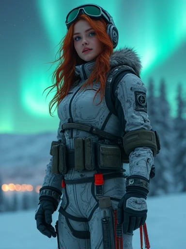 from above, cowboy shot, of one ultra hot gorgeous european woman, age 23, light auburn hair, she's a playmate, a men magazine model, in a winter ARMOR, holding weapons, as a futuristic cyberpunk warrior in a dystopian world. Juxtapose the beauty with a harsh, survivalist snowy winter night environment with northern lights. Perfect anatomy, Perfect eyes, perfect hands, perfect body, perfect hair, perfect breast, accurate, UHD, retina, masterpiece, anatomically correct, textured skin, super detail, high details, high quality, award winning, best quality, highres, 16k, 8k