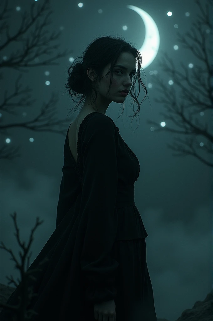 A beautiful witch with amber brown eyes, small slanted eyes, a small mouth, pale skin, a pixiecut shaved black hair, an eyebrow piercing, an ear piercing, sleeping in a nighttime forest, with an owl nearby, mushrooms scattered on the ground, a black cat, a starry sky with a waning moon, dark composition, dark illuminated, witch aesthetic, ethereal illuminated, intricate details, high quality, masterpiece, dark comic style, 8k resolution, ultra-detailed
