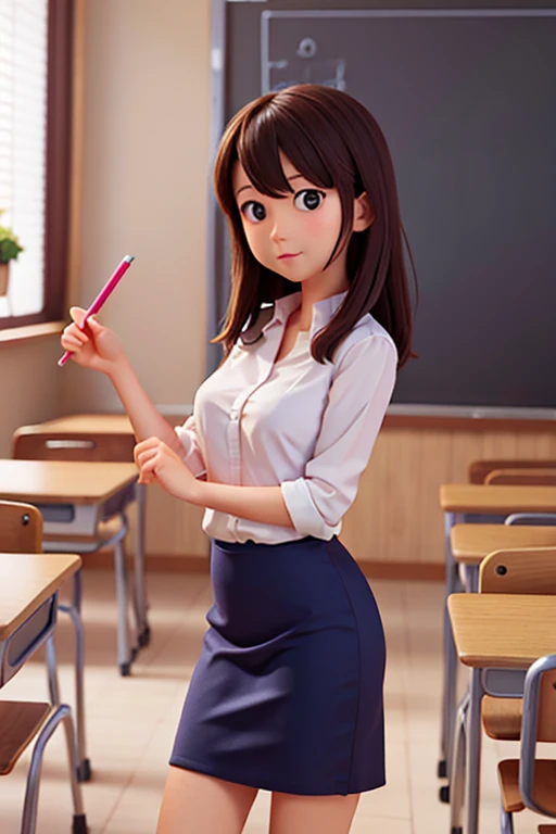 An -yeld wo, with long brown hair, round face, charming smile, and brown eyes, wearing glasses. Nude , classroom, detailed vagina , detailed nipples