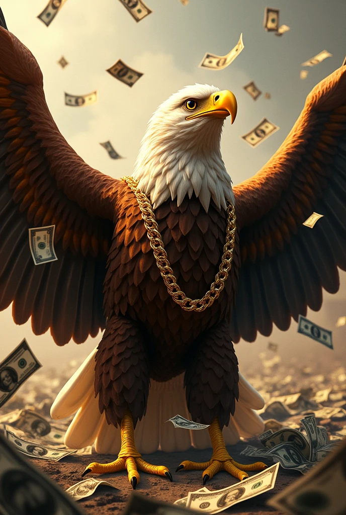 Eagle spreads its wings With gold chain and money more aggressive