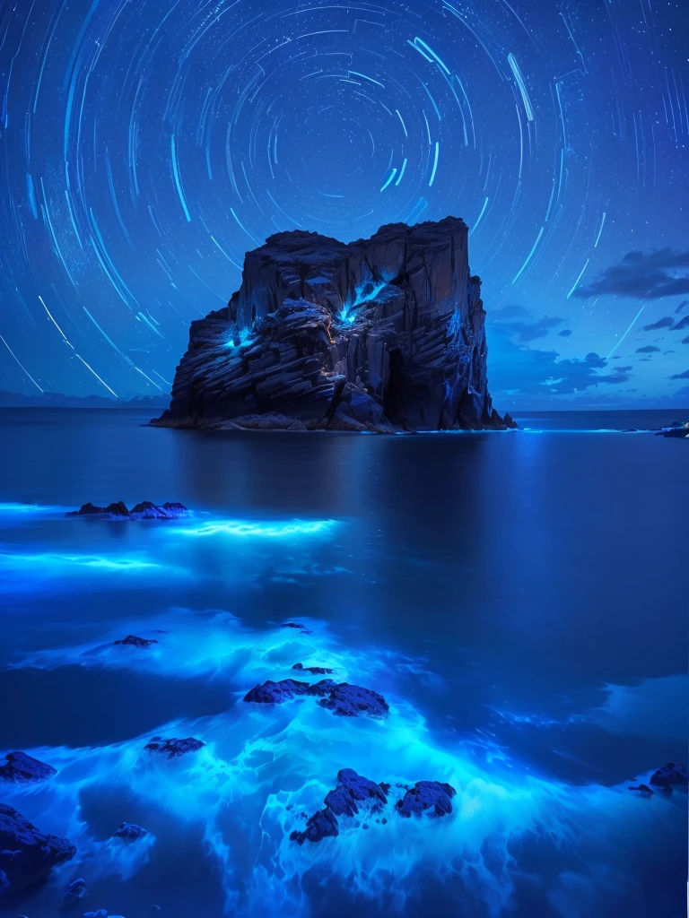 Blue ocean with rock formations and star trails, bright blue glowing water, makes the sea area Glowing water, 蓝色Bioluminescence, Glowing blue, Glowing water, Bioluminescence glow, blue glow, Bioluminescence, Glowing thin blue line, 霓虹Bioluminescence, Bioluminescence surfaces
