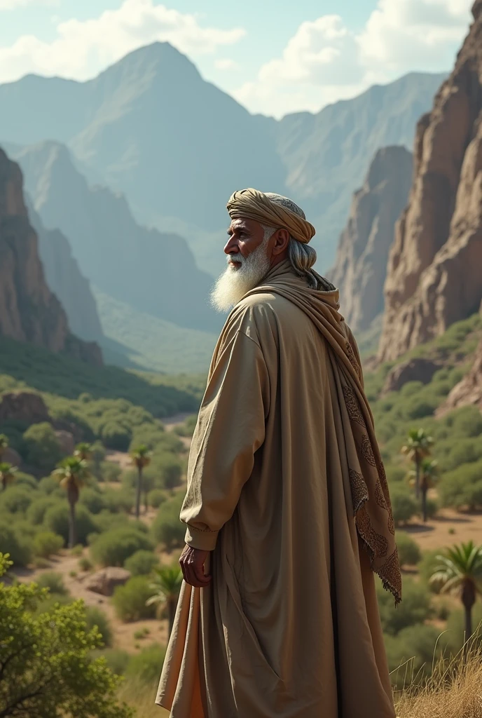 A spiritual good aged Arab Muslim man who was very honest, innocent who was very good wearing old fashioned Arabic clothes. he standing on arab mountain and dates tree valley man have back pose