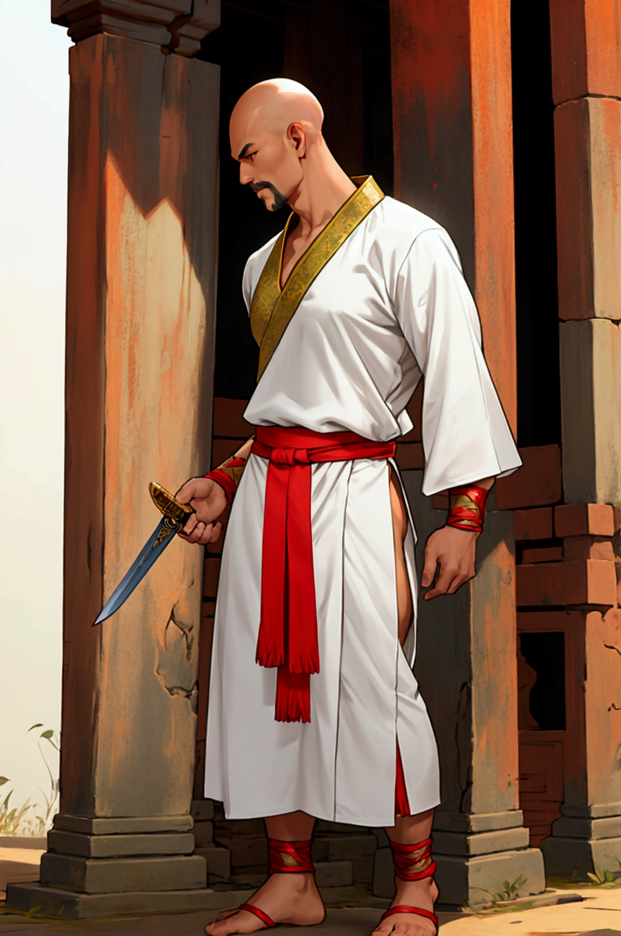 man,Bald head with hair on the sides,Not wearing a shirt,,No shoes while standing.Thai warrior costume, holding an assassin sword,Ayutthaya ,Ayutthaya period outfit,chubby,There is a slight mustache.