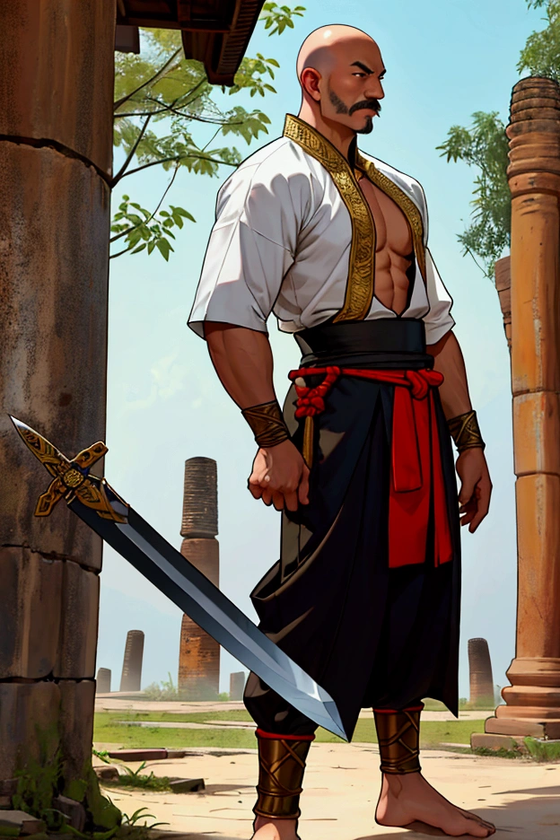 man,Bald head with hair on the sides,Not wearing a shirt,,No shoes while standing.Thai warrior costume, holding an assassin sword,Ayutthaya ,Ayutthaya period outfit,chubby,There is a slight mustache.