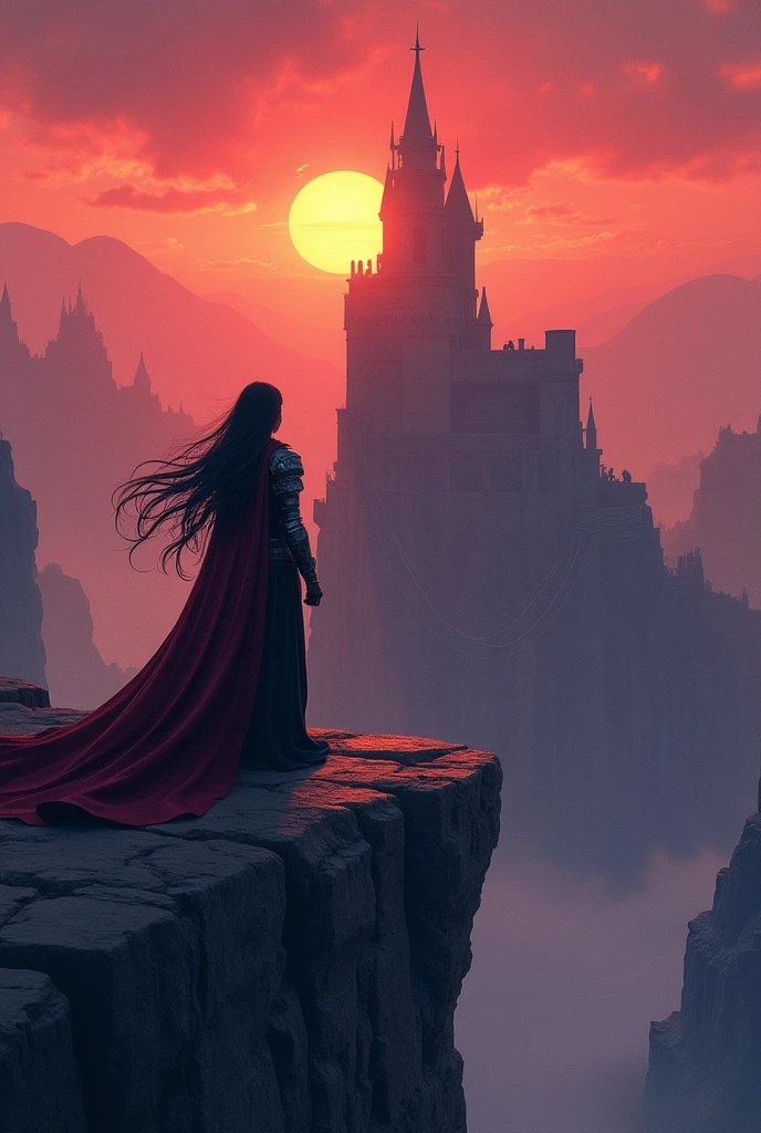edge of a cliff, 1girl, 1boy, flowy cape, armor, chain, black pants, shoulder armor, floating hair, very long hair, from behind, magical robe, standing, magical tower, cliffside environment, retro sunset strip lighting, stream of consciousness perspective, flat color, depth of field, blurry background, bokeh, detailed line work, detailed background, flat color, dark theme, dskxadms, comic art,