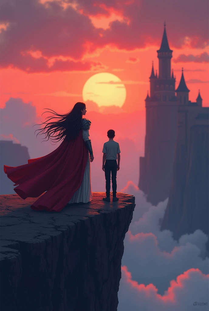 edge of a cliff, 1girl, 1boy, flowy cape, armor, chain, black pants, shoulder armor, floating hair, very long hair, from behind, magical robe, standing, magical tower, cliffside environment, retro sunset strip lighting, stream of consciousness perspective, flat color, depth of field, blurry background, bokeh, detailed line work, detailed background, flat color, dark theme, dskxadms, comic art,