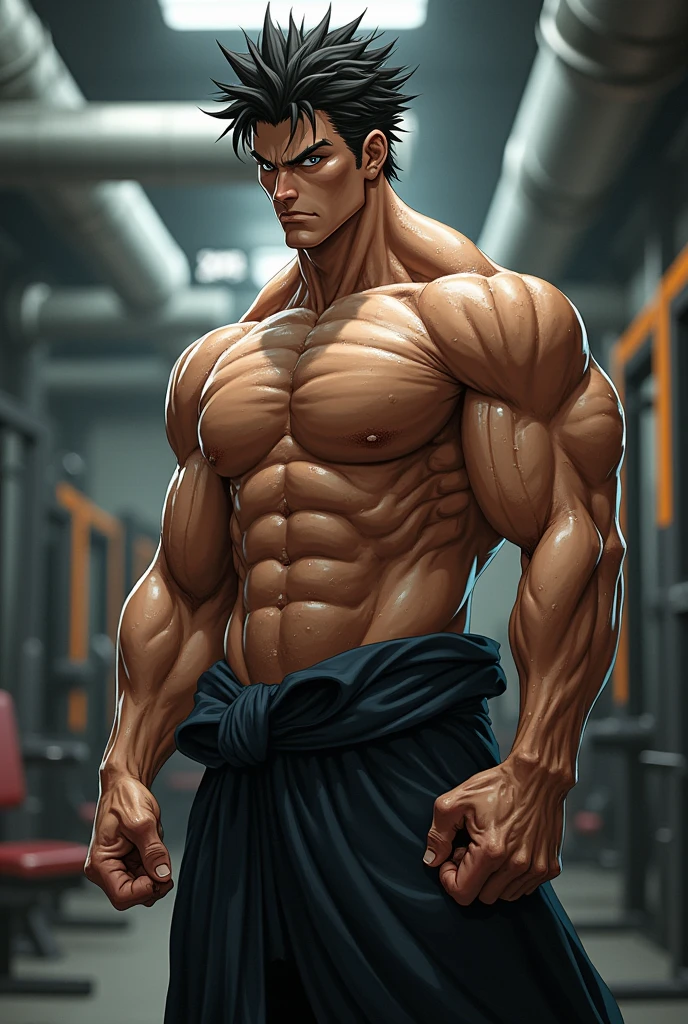 Satoru Gojo training intensely in a bodybuilding salle de sport, chamois, regardant les spectateurs, salle de sport, musclé , Exercice, assis sur le banc. He is progressively (from the second image to the fourth) getting stripped. He is huge everywhere.