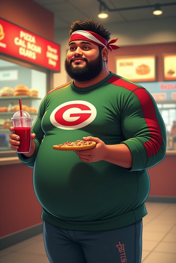 Real man.human. .man Chubby India average 15 year old.. Big body. Body fat . Wear green red white long sleeve"G" Logo on shirt. Hairy hand. Wear head band red white.. Bulking. Hand holding pizza and smoothie cup. Background foodcourt.