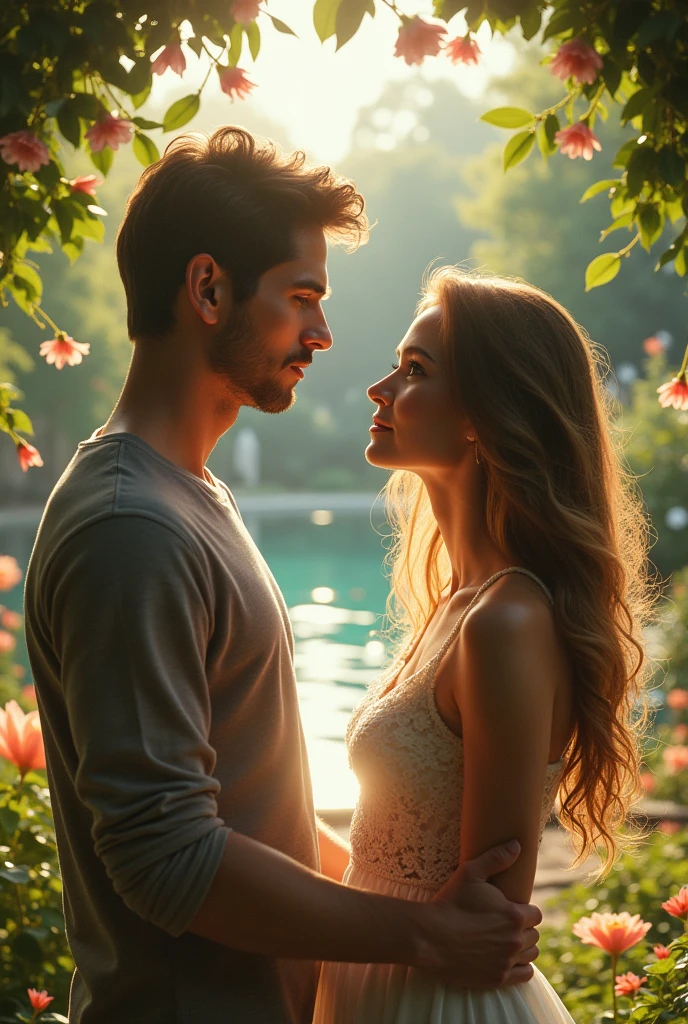 A beautiful women and handsome man standing in a garden far away in front of each other