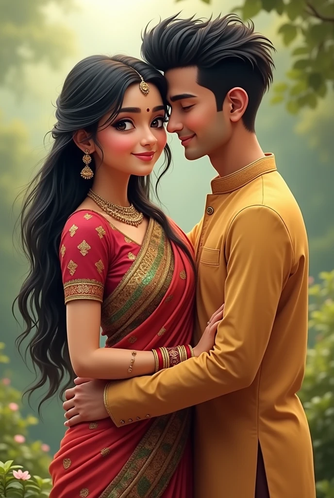 couple with cute face with a beautiful nose and thin lips and black hairs wearing a salwar suit for female with a cute smile.