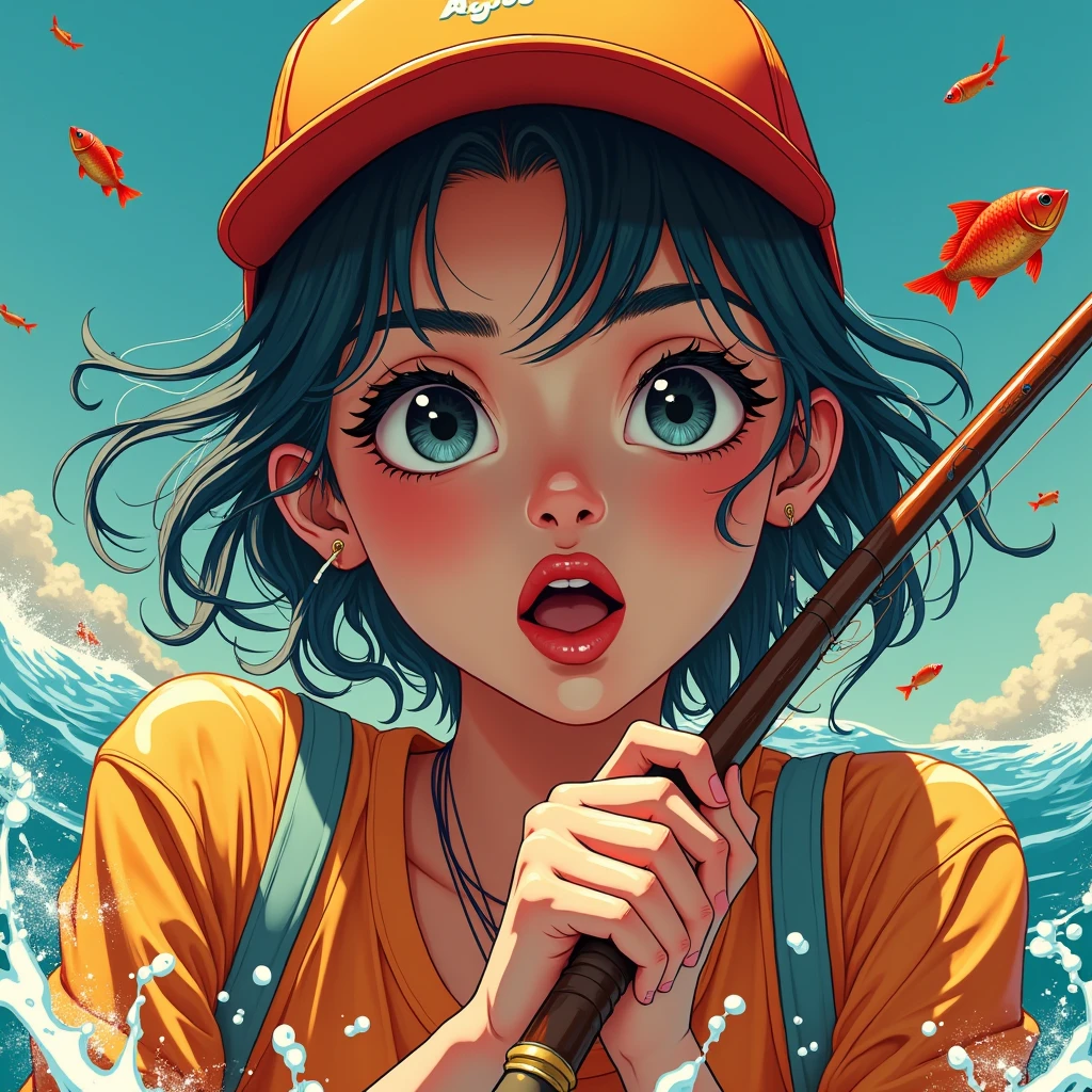 colorful pop art fishing, 1girl, beautiful detailed eyes, beautiful detailed lips, extremely detailed face and intricate details, realistic, photorealistic, photo-realistic:1.37, best quality, 8k, highres, masterpiece:1.2, ultra-detailed, vibrant colors, dynamic composition, striking lighting, dramatic shadows, glossy materials, water splashing, fishing rod, fish jumping, dynamic poses, warm color palette