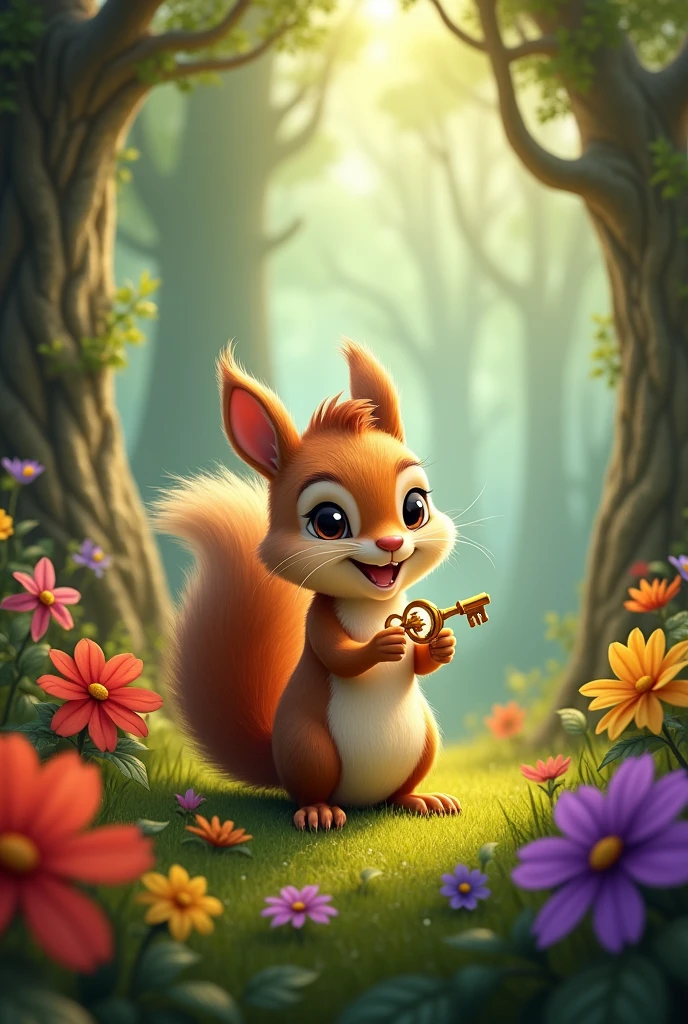 Sammy the Squirrel: A small, cheerful squirrel with a bushy tail, holding a shiny golden key, surrounded by tall trees and vibrant flowers in a magical forest.