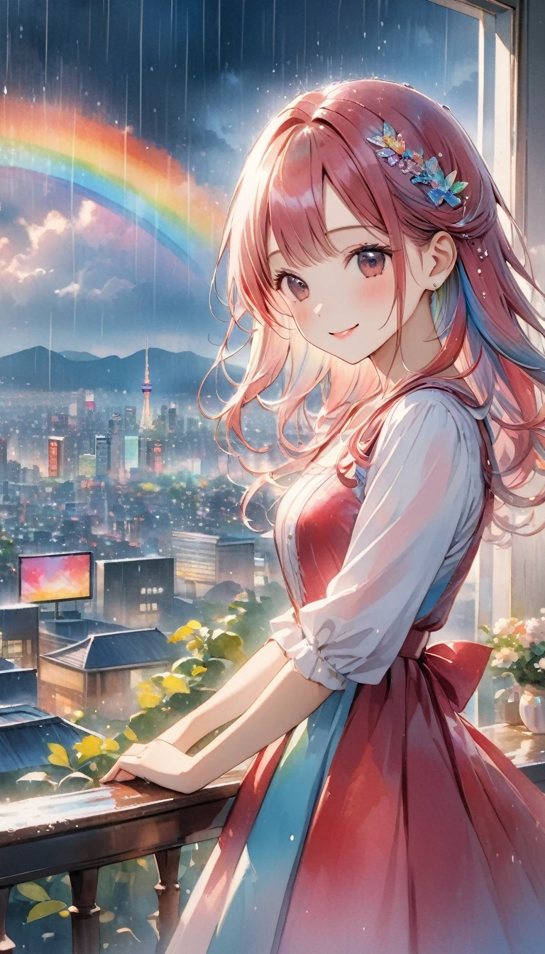 8K resolution, ((top quality)), ((masterpiece)), ((super detailed)), rain, one girl, smiling, rainbow, winered dress, silver long hair style, diamond hair ornament, Watercolor style, A pastel-colored view of the world, Tokyo cityscape,