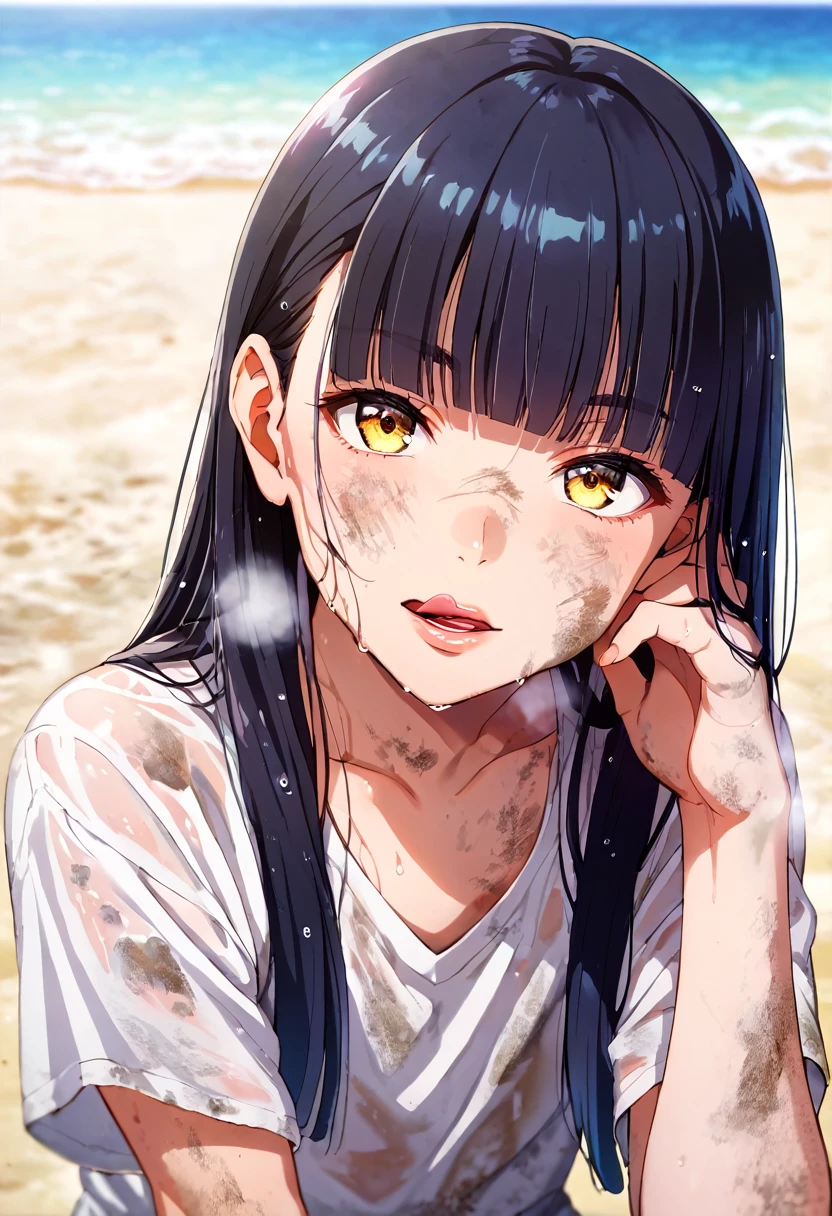 score_9_up, score_8_up, score_7_up, source_anime, dirty anime style, dirty, japanese girl, black hair, long hair, straight hair, straight blunt bangs, pale skin, yellow eyes, wide lips, sweaty, sweatdrop, steaming breath, wet,bored, looking at viewer, face focus, mouth open, licking lips, face focus, close up, outdoors, beach, best quality, high quality