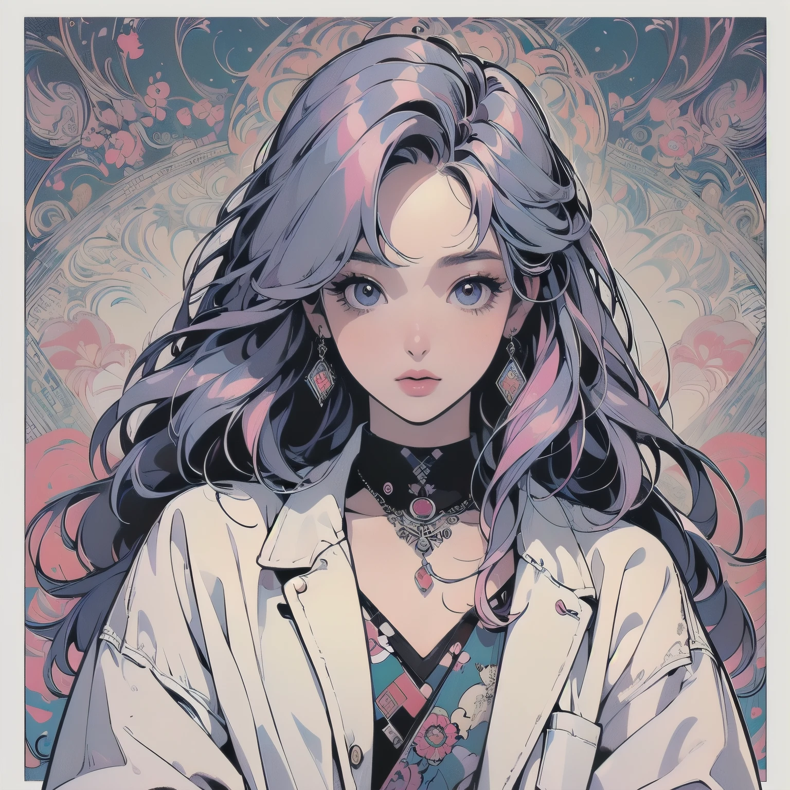 (((masterpiece, Highest quality)))、(((32K Wallpapers)))、(((Magazine Cover)))、(((Flat Chest)))、(((Wearing a white coat１People Women)))、head shot、(((Perfect Face)))、Detailed Hair、(((Colorful hair color))), compass, hourglass, Mandala, Tribal, Abstract background, Fisheye Lens