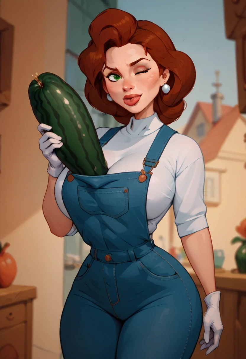 Annie Hughes Mom, mature woman, Caucasian, pale skin, wide hips, thick thighs, large bust, huge breasts, red hair, green eyes, build, earrings, white gloves, wink, clear, blue jean overalls, white shirt, clothes tight, licking a huge cucumber,