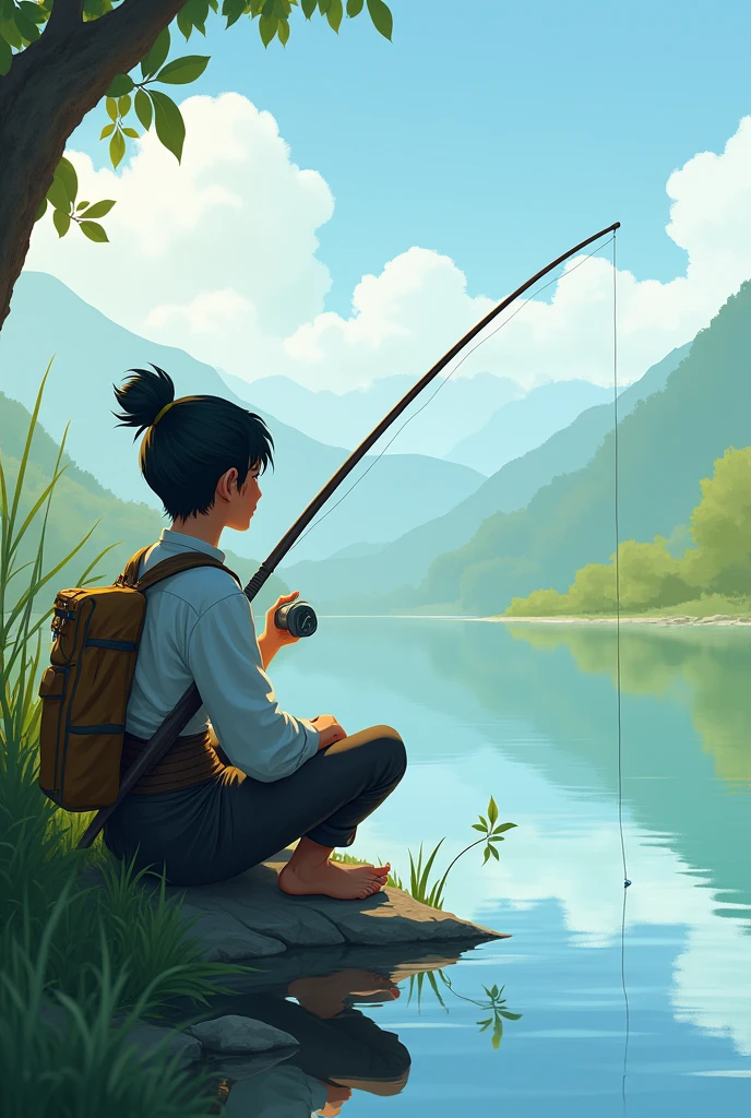 Beyar is sitting and fishing with a fishing rod.