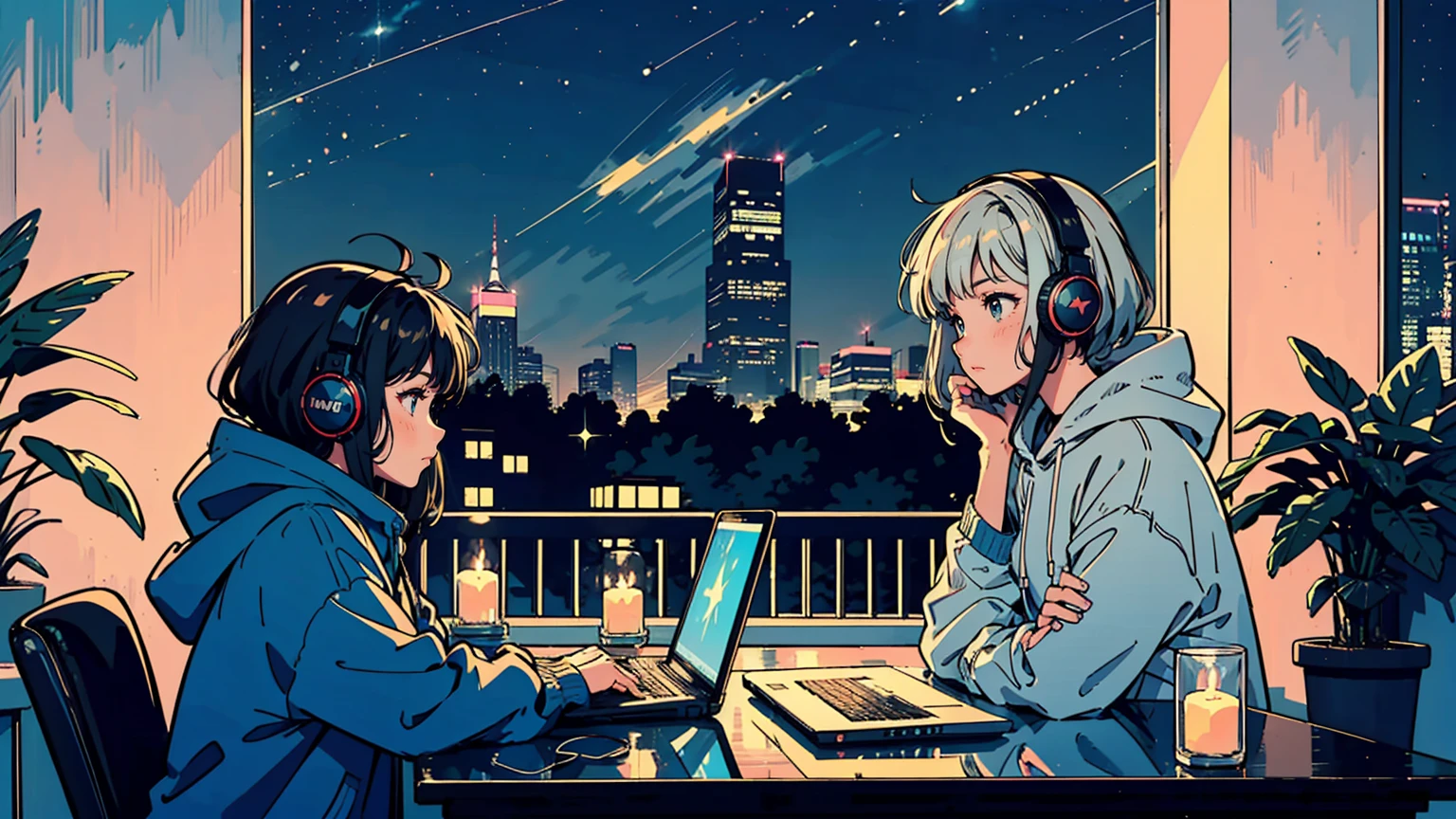 Cozy night balcony workspace, anime style, young cute girl working on laptop, wearing headphones and oversized hoodie. One cat is on railing. String lights and potted plants hanging, starry night sky backdrop. Warm ambient lighting from candles and fairy lights. City skyline in distance. Lo-fi aesthetic.