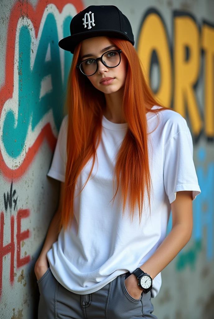Portrait of a 17 year old Persian girl with long, straight red hair, wearing a snapbaekeut hat and glasses, wear a watch,big white t-shirt gray pants,leaning on a Din Ding,and Din Ding was full of scribbles with the name Ani jahe subang,with colorful paint  