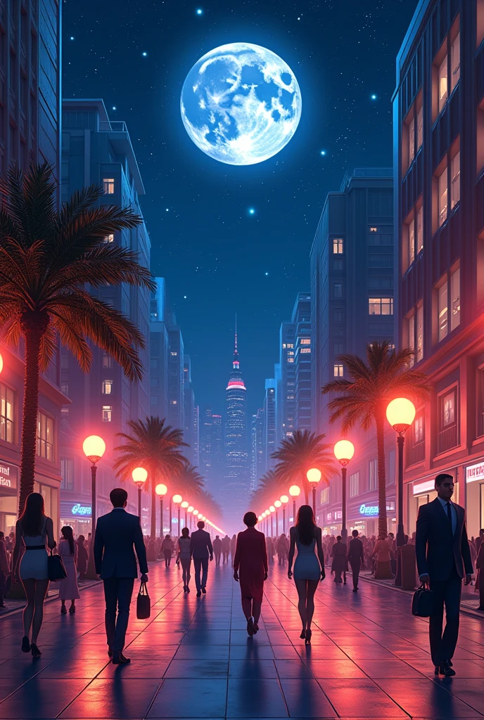 Full moon. Bright stars in the sky. Modern night city. Streets are illuminated by bright tall lampposts. Beautifully dressed modern people walk along the street.