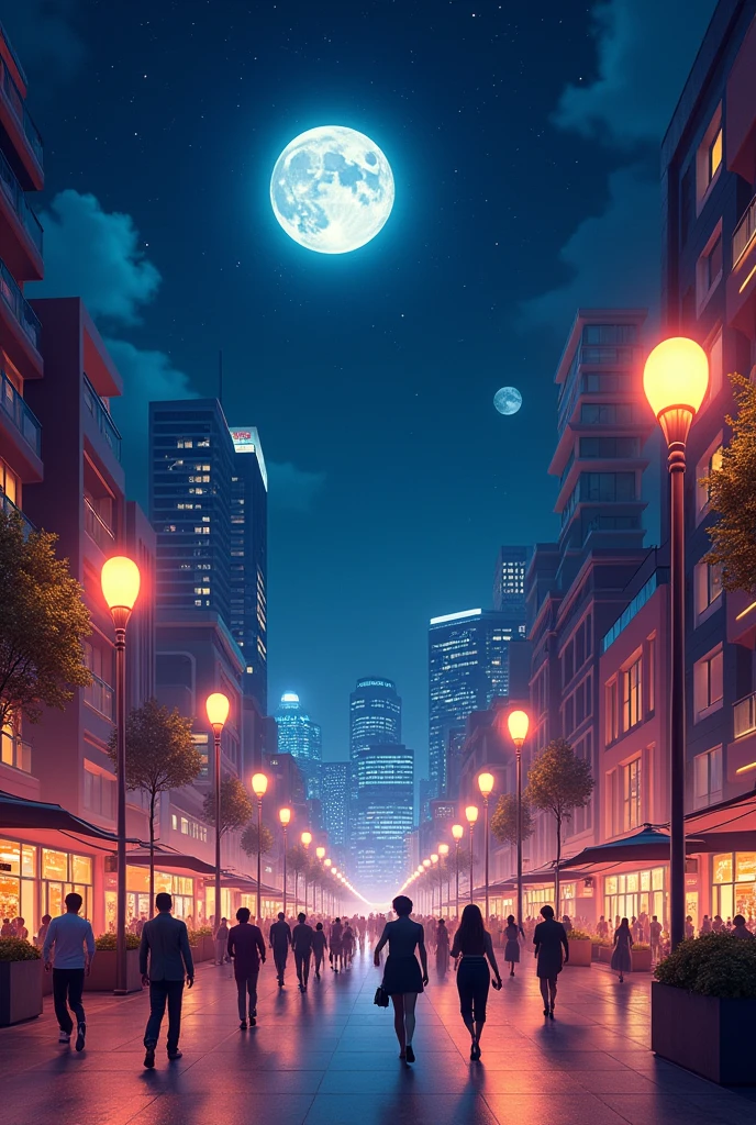 Full moon. Bright stars in the sky. Modern night city. Streets are illuminated by bright tall lampposts. Beautifully dressed modern people walk along the street.