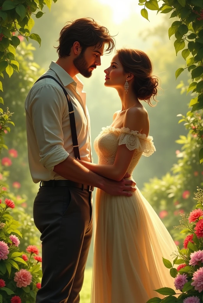 A beautiful women and handsome man standing in a garden far away in front of each other both of them should be should be standing 1 feet away 