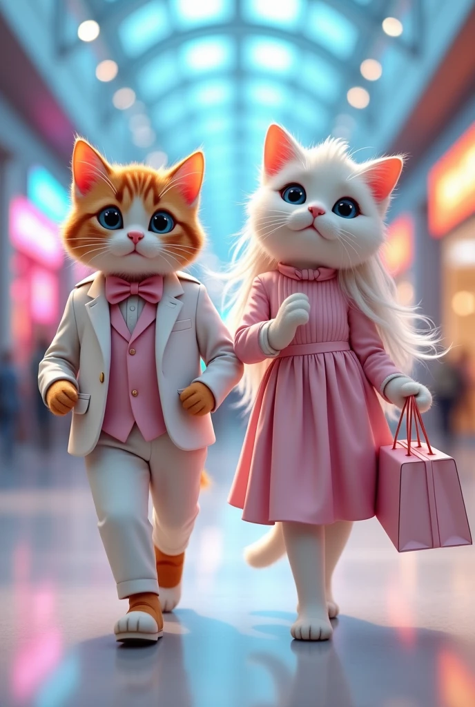 The image shows a couple of cats walking hand in hand in a shopping mall. The cat on the left is wearing a white suit with a pink bowtie and is walking towards the right side of the image. The woman is walking ahead of the cat, wearing a light pink dress and carrying a shopping bag. She has long white hair and is looking directly at the camera with a curious expression. The background is blurred, but it appears to be a futuristic shopping mall with colorful lights and escalators.