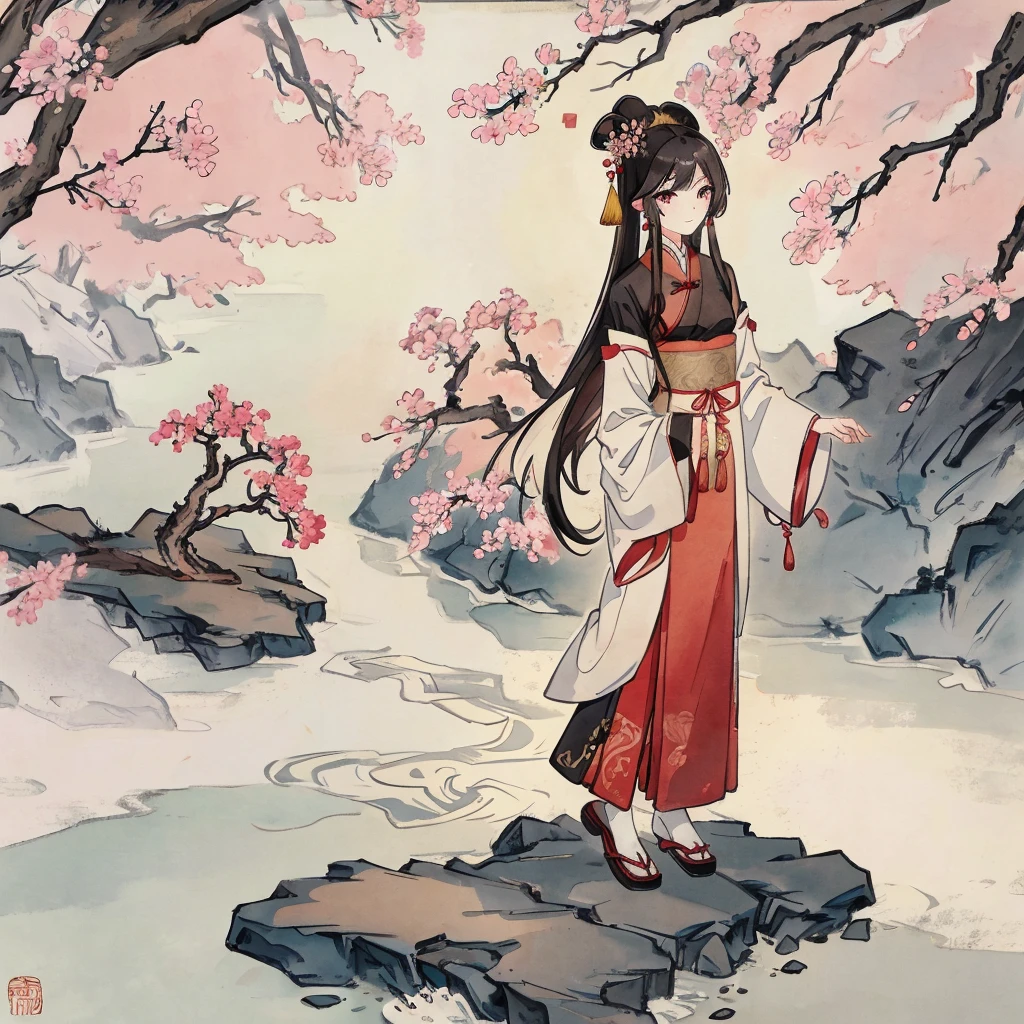 Chinese style, , ink painting of characters with flowing long hair standing under the tree surrounded by ancient Chinese calligraphy forming an abstract pattern of mountains, rivers and cherry blossoms. RHigh resolution, high quality, exquisite details, no text or letters. portrait of a female figure , in the style of high definition ink painting. --ar 3:4 --niji 6