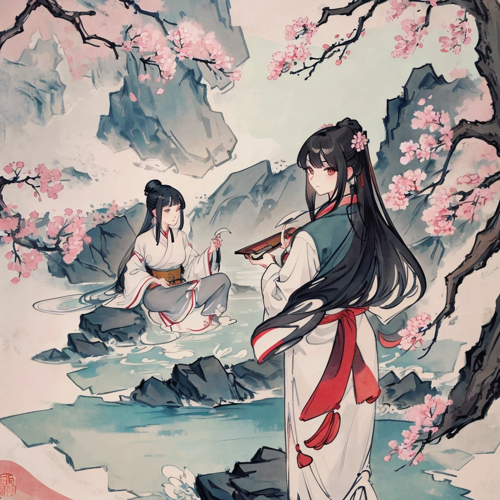 Chinese style, , ink painting of characters with flowing long hair standing under the tree surrounded by ancient Chinese calligraphy forming an abstract pattern of mountains, rivers and cherry blossoms. RHigh resolution, high quality, exquisite details, no text or letters. portrait of a female figure , in the style of high definition ink painting. --ar 3:4 --niji 6